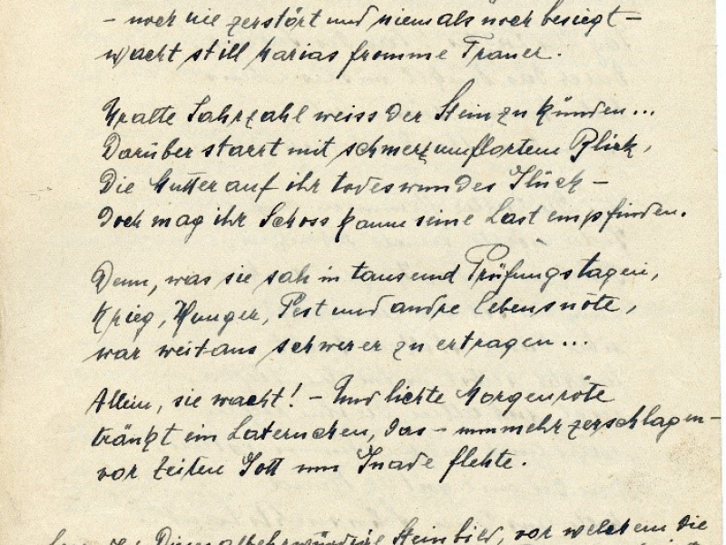 Autograf básně Alice Wienerové „Pietà“ z cyklu „Alt-Znaim“ (staré Znojmo) o soše piety na Mikulášském náměstí.